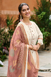 Premium Mal Chanderi Jacquard Beige Embroidered Casual Salwar Kameez